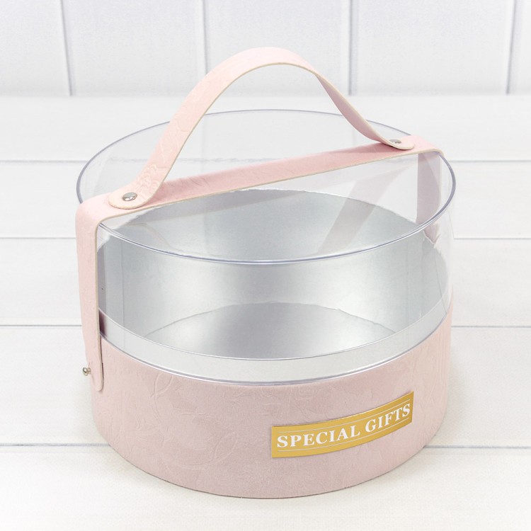 Коробка Круглая 21*14 бархатная с ручкой и прозрачной крышкой Бледно-розовый 1/16 Арт: 720102/6